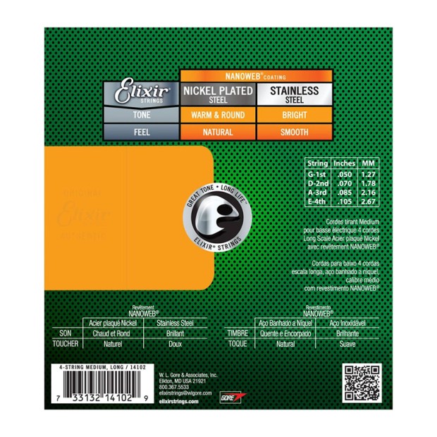 سیم گیتار بیس الکسیر Elixir Nanoweb Bass Medium 50-105