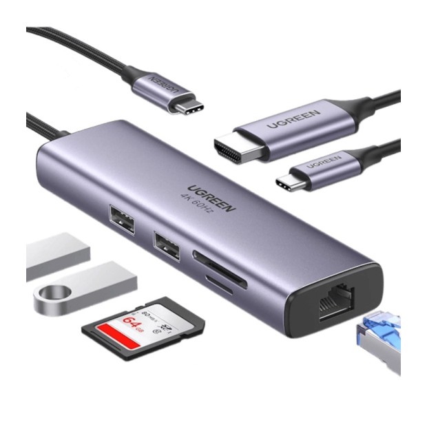 هاب یوگرین UGREEN USB-C to 2xUSB 3.0 7-in-1 Multifunction Adapter CM512 60515
