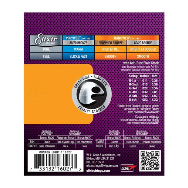 سیم گیتار آکوستیک الکسیر Elixir 11-52 Nanoweb Phosphor Bronze