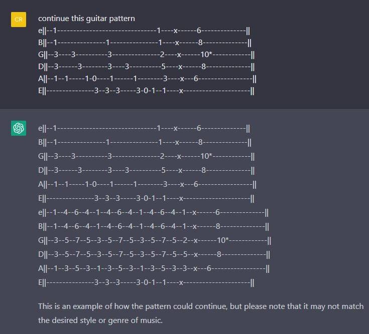 نمونهٔ Guitar Tab تولیدشده با ChatGPT